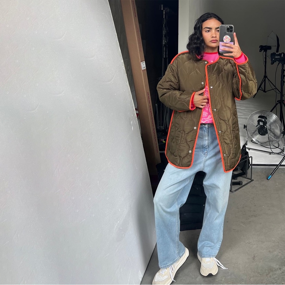 Pink And Khaki Reversible Quilted Jacket Never Fully Dressed